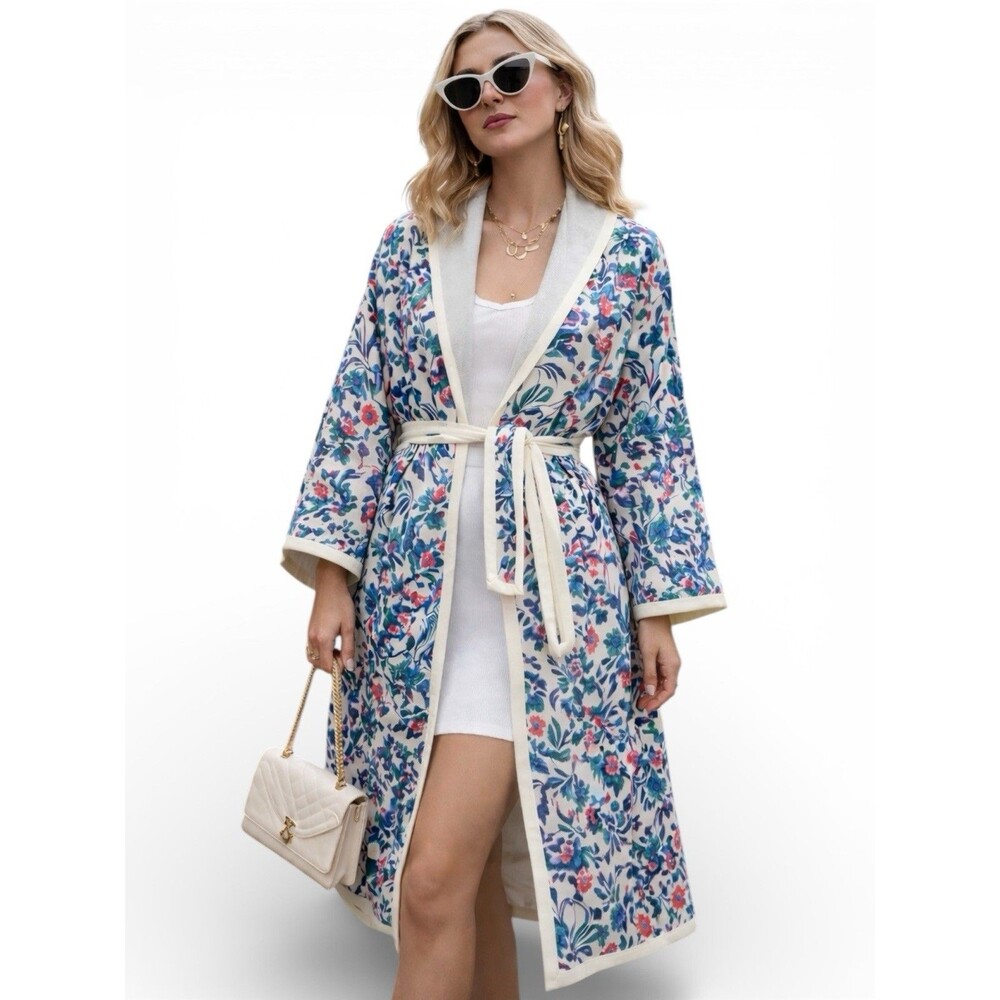 Tanya Taylor Gray Reversible Wool Blend Floral Belted Kimono Jacket